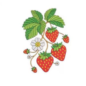 May include: A colorful illustration of strawberries with green leaves and a white flower. The ripe red strawberries have green tops and are dotted with tiny seeds. The leaves are a vibrant green, and the flower has a yellow center.