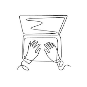 May include: A black and white continuous line drawing depicting a laptop computer with an open screen and a keyboard area. Two hands are positioned over the keyboard, rendered in the same single-line style as the rest of the illustration.