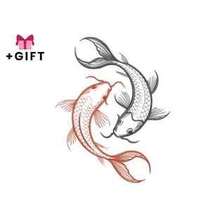 Op de afbeelding: Illustratie van twee koi-karpers in een yin-yang-vorm, één oranje en één grijs, met gedetailleerde schubben en vinnen. Een roze geschenkdoos met een strik en de tekst "+CADEAU".