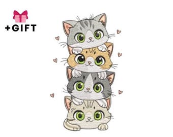 Cute Cats With Big Eyes Machine Embroidery Design - Sweet Adorable Colorful Cartoon Animals For Children, Kids, Girls, Kits Kittens Kitties