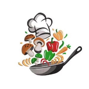 Diseño de bordado de cocina, diseño de bordado a máquina de gorro de chef y verduras, sartén con comida, cocina, bordados de cocinero, chef, comida