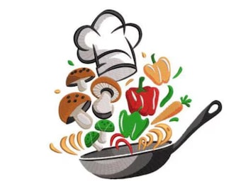May include: An illustration of a chef's hat above a frying pan filled with vegetables. The vegetables include mushrooms, bell peppers, and carrots. The image is a colorful design, perfect for kitchen decor or culinary-themed products.