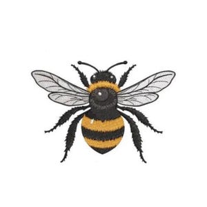 May include: Embroidered bee design with black and yellow stripes, detailed wings, and delicate antennae. The bee is centered on a white background, showcasing the intricate stitching and vibrant colors. This image is ideal for crafting projects.