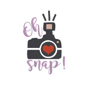 May include: A black camera illustration with a red heart in the center, a flash, and the words "oh snap!" in a cursive font. The text and heart are in shades of purple and red, set against a white background.