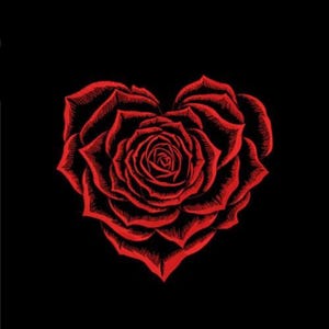 Könnte beinhalten: Eine rote Rosenillustration in Herzform auf schwarzem Hintergrund. Die Rose ist detailliert schattiert, was ihr einen dreidimensionalen Effekt verleiht. Die Blütenblätter sind tiefrot, das Design hat ein romantisches, florales Thema.