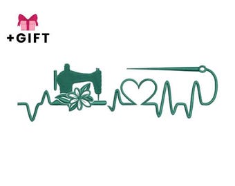 Couture motif de broderie Machine battement de coeur - ligne de tailleur couturière verte minimaliste pour les amateurs de couture, cardiogramme Machine à coudre, aiguille coeur