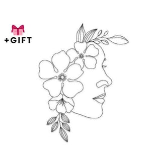 Puede incluir: Un dibujo lineal en blanco y negro del perfil de una mujer adornado con flores y hojas. La imagen incluye el texto "+REGALO" con un icono de caja de regalo rosa, lo que sugiere un artículo de regalo.