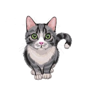 Peut inclure: Illustration détaillée d'un chat tigré gris et blanc avec des yeux verts et un nez rose. Le chat est assis droit, la queue recourbée, mettant en valeur son motif rayé noir et blanc. L'œuvre est sur fond blanc.