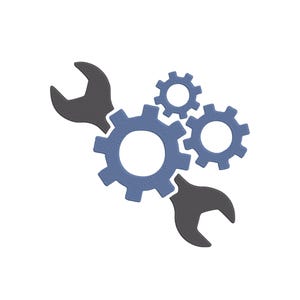 Könnte beinhalten: Eine Illustration eines mechanischen Designs mit zwei schwarzen Schraubenschlüsseln und drei blauen Zahnrädern unterschiedlicher Größe. Das Design ist vor einem weißen Hintergrund platziert. Das Bild stellt Mechanik oder Ingenieurwesen dar.