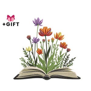 Puede incluir: Imagen bordada de un libro abierto con flores naranjas, amarillas y moradas que brotan de él. La imagen incluye el texto "+REGALO" y una caja de regalo rosa.