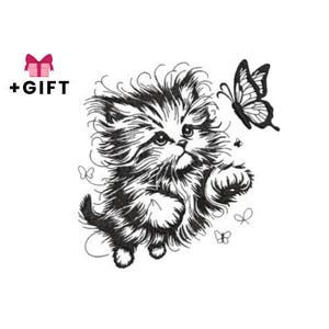 Diseño de bordado de gatito, diseño de bordado a máquina de gato y mariposa, línea negra minimalista, lindo gatito, mascota, animales, hermoso, esponjoso