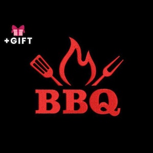 May include: Red BBQ logo with a flame, spatula, and fork design on a black background. The word "BBQ" is in bold, red letters. A pink gift box with a bow and the text "+GIFT" are in the upper left corner.