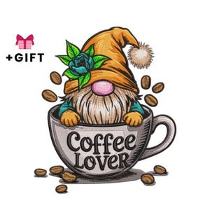 May include: A whimsical gnome with a long white beard and an orange hat sits inside a coffee cup. The cup is gray and has the words "Coffee Lover" on it. Coffee beans and a teal flower with green leaves are also present.