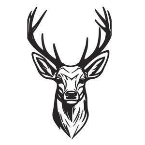 Peut inclure: Illustration en noir et blanc d'une tête de cerf, avec des bois et des traits du visage détaillés. Le design est de style graphique minimaliste, adapté à l'art mural ou aux vêtements.