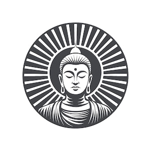 May include: A black and white graphic of a Buddha statue in a circular design. The Buddha is centered, with a halo of radiating lines. The image is a simple, stylized representation, suitable for meditation or spiritual themes.