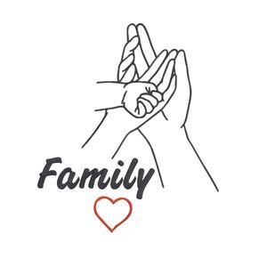 Può includere: Un disegno a tratto nero e bianco di mani che tengono la mano di un bambino. La parola "Family" è scritta in nero sotto, con un cuore rosso sotto.
