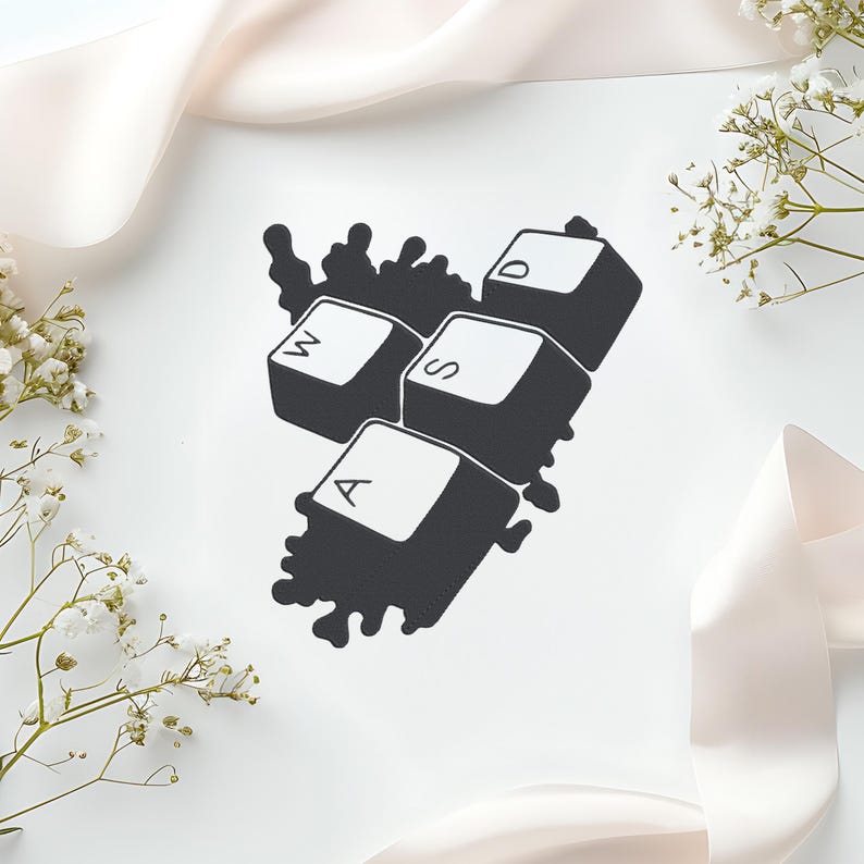 Peut inclure: Graphique noir et blanc repr&eacute;sentant quatre touches de clavier d'ordinateur : A, S, D et W. Les touches sont regroup&eacute;es, sur une forme sombre et irr&eacute;guli&egrave;re. Le fond est blanc, avec des &eacute;l&eacute;ments floraux et un ruban fluide.