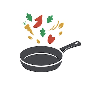 May include: A black frying pan with a handle, with colourful vegetables and herbs floating above it. The vegetables include a carrot, red peppers, and green leafy herbs. The image is a simple, stylised illustration.