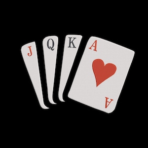May include: A hand of playing cards featuring the Jack, Queen, King, and Ace of Hearts. The cards are white with black and red details, set against a black background. The Ace of Hearts has a large red heart symbol.