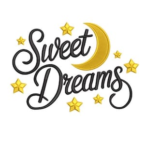 Może przedstawiać: Projekt z napisem "Sweet Dreams" w ozdobnej czcionce, złotym księżycem w kształcie półksiężyca i żółtymi gwiazdami. Tekst jest czarny, na białym tle, idealny do produktów związanych ze snem.