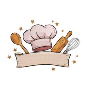 Diseño de bordado de cocina, diseño de bordado a máquina de pancarta de chef de cocina, cocinero, horneador, panadero, cocinero, utensilios, comida, gorro de chef