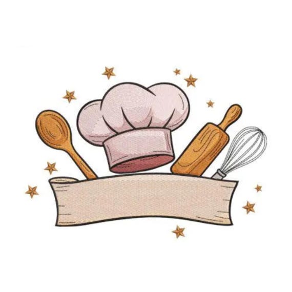 Kitchen Embroidery Design, Kitchen Chef Banner Machine Embroidery Design, Cook, Cooker, Bake, Baker, Kitchener, Utensils, Food, Chefs Hat
