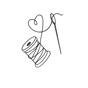 Könnte beinhalten: Eine schwarz-weiße Strichzeichnung einer Garnrolle, einer Nadel und einer herzförmigen Fadenschleife. Die Garnrolle ist zylindrisch, mit Faden umwickelt. Die Nadel ist lang und dünn. Der Faden bildet ein Herz.