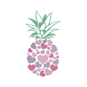 Pode incluir: Design bordado de abacaxi com uma coroa de folhas verdes e um corpo composto por corações rosa e roxos. O design está em um fundo branco.