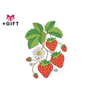 Puede incluir: Diseño bordado de fresas con hojas verdes, flores blancas y el texto "+REGALO". Las fresas son rojas con semillas amarillas. Las hojas son verdes con vetas detalladas.