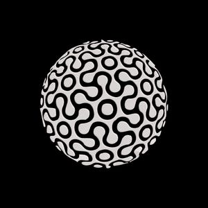 May include: A spherical object with a white surface covered in a repeating black, wavy pattern. The design creates a textured appearance against a solid black background. The overall shape is a perfect sphere.