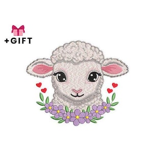 Lamb Embroidery Design, Lamb with Lavender Machine Embroidery Design, Baa-lamb With Flowers, Cute Baby Sheep, Cartoon Ewe Kid,Animal Embroid