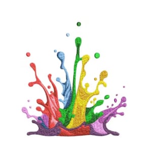 May include: A colourful illustration of a paint splash, featuring red, blue, green, yellow, and purple hues. The splash effect is detailed with textured elements, giving a dynamic and energetic appearance.