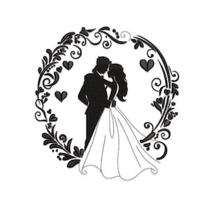 May include: A black and white silhouette of a couple embracing, framed by a floral wreath with heart details. The bride is in a white wedding dress. A romantic design, suitable for weddings.
