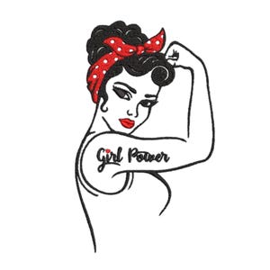 Puede incluir: Ilustración en blanco y negro de una mujer flexionando su brazo, con las palabras "Girl Power" tatuadas en su bíceps. Lleva un pañuelo rojo con lunares y tiene pintalabios rojo. La imagen es una audaz declaración de empoderamiento femenino.