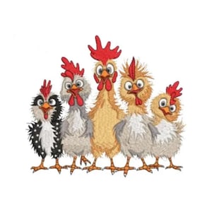 Divertente disegno di gallo per ricamo a macchina - Ricamo di cinque galline e galli divertenti, ricami di uccelli e animali dei cartoni animati allegri e carini, uccelli da fattoria