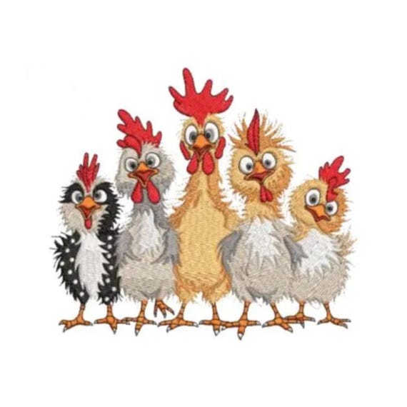 Funny Roosters Machine Embroidery Design - Fun Five Chickens Rooster Stitching, Cheerful Cute Cartoon Animal Birds Embroideries, Farm Bird
