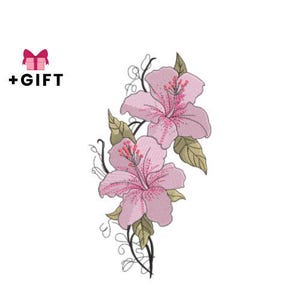 May include: Embroidered design of two pink hibiscus flowers with green leaves and black vines. The flowers have red stamens and are set against a white background. The text "+GIFT" is above a pink gift box.
