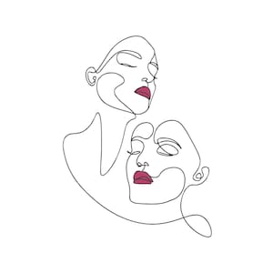 May include: Minimalist line art illustration of two faces with closed eyes and red lips. The artwork is rendered in a continuous black line on a white background, creating a modern and elegant design.