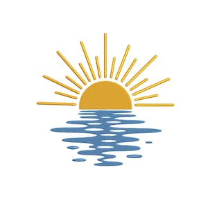 May include: Embroidered design of a sunset over water. The sun is a half-circle in shades of yellow, with radiating lines. The water is blue with a rippled effect, creating a reflection of the sun. The design is on a white background.