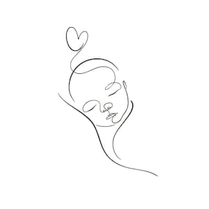 Puede incluir: Un dibujo lineal minimalista de la cara de un bebé con los ojos cerrados, con un corazón encima de la cabeza. La obra de arte está representada en una sola línea negra continua sobre un fondo blanco, creando un diseño simple pero elegante.