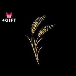 Könnte beinhalten: Goldenes Weizenährendesign auf schwarzem Hintergrund. Das Bild enthält eine rosa Geschenkbox mit Schleife und den Text "+GIFT". Das Weizendesign ist eine stilisierte Illustration.