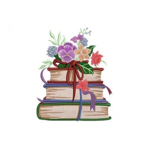 Può includere: Design ricamato di una pila di libri legati con nastri e sormontati da un bouquet di fiori. I libri sono beige con dettagli rossi, blu e verdi. I fiori sono viola, arancioni e rossi.