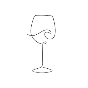 Peut inclure: Un dessin au trait continu gris foncé représentant un verre à vin. Le contour forme le pied, la base et le calice du verre, avec une ligne courbe supplémentaire à l'intérieur du calice qui crée une représentation visuelle d'une vague.