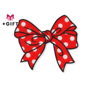 May include: A red bow with white polka dots and a black outline. The bow is tied in the center and has multiple loops and tails. The text "+GIFT" is next to a pink gift box.