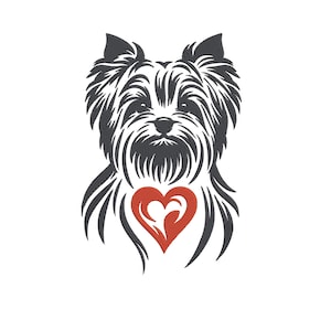 Può includere: Illustrazione in bianco e nero di un cane Yorkshire Terrier con un design a forma di cuore rosso sul petto. Il pelo del cane è dettagliato e il cuore ha una forma stilizzata. L'immagine è su sfondo bianco.