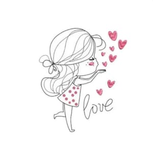Può includere: Un disegno a tratto nero e bianco di una ragazza che soffia cuori rosa. La ragazza indossa un vestito a pois rosa e la parola "love" è scritta in corsivo sotto.