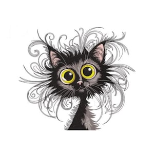 May include: A whimsical illustration of a black cat with large yellow eyes and a surprised expression. The cat has fluffy fur and is surrounded by swirling gray lines, giving it a playful and animated appearance. The cat's ears are pink.