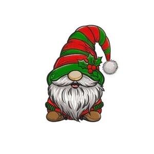 May include: A cartoon illustration of a Christmas gnome. The gnome wears a red and green striped hat with a white pom-pom, a red jacket, and a long white beard. Holly berries and leaves adorn the hat. The gnome has a tan nose and brown shoes.
