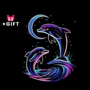 May include: A black graphic design featuring two dolphins in shades of purple, blue, and pink. One dolphin leaps from the water, while the other swims below. A crescent moon and stars are in the background. The text "+GIFT" is in the upper left corner.