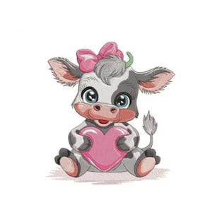 Cartoon Embroidery Design, Cute Baby Cow Machine Embroidery Design, Sweet Little Cow With Heart, Girl With Pink Bow, Children, Kids, Girly